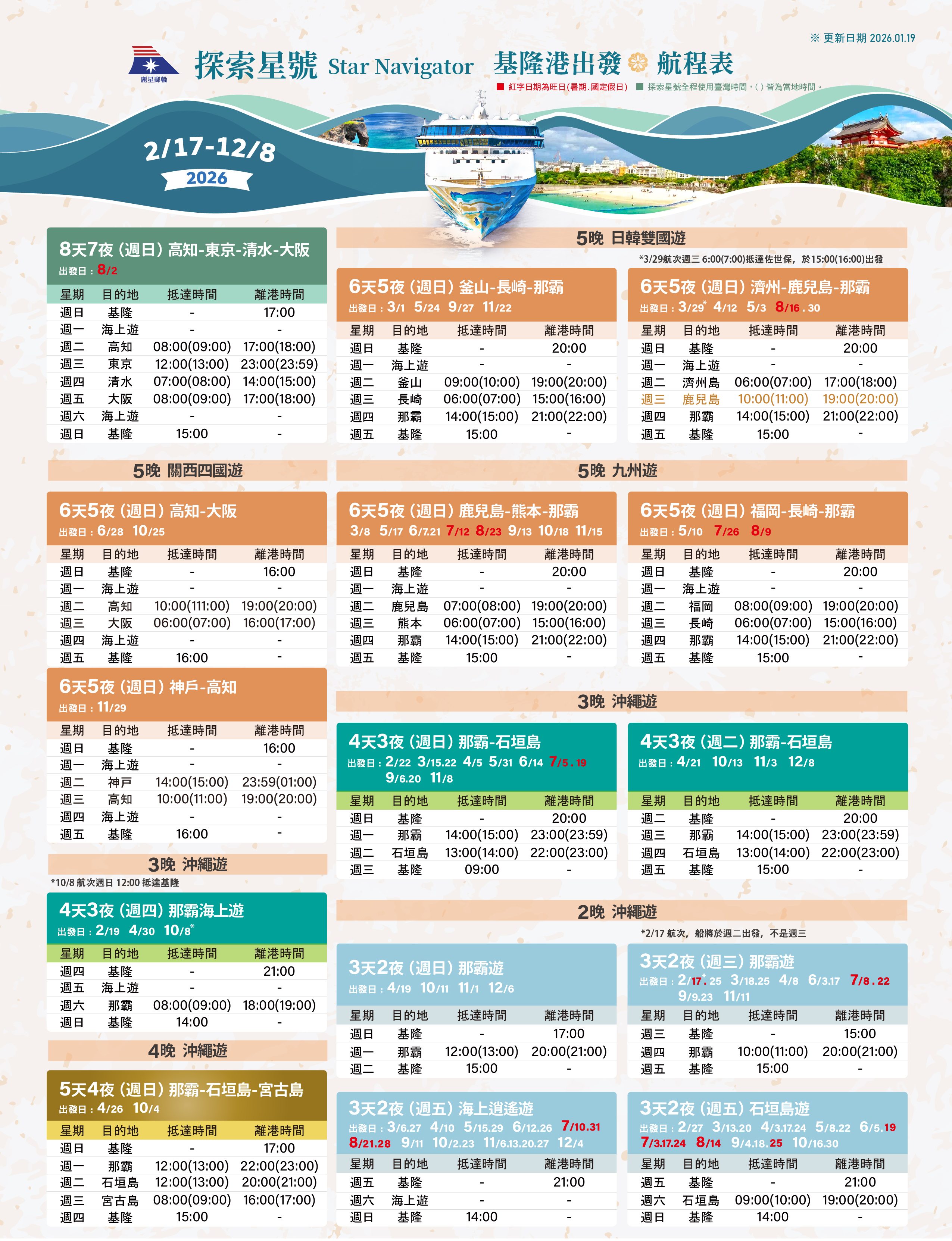 麗星郵輪探索星號 2026 基隆出發航程表