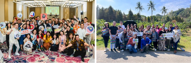 【左圖】來自東南亞多國近50位旅遊業者齊聚高雄萬豪酒店，參與高雄農村旅遊交流推介會，現場氣氛熱絡，展現邁向國際市場的合作潛力。（圖片提供＝飛揚旅行社） 【右圖】東南亞業者前往高雄內門新地標-野森動物學校透過沉浸式體驗與可愛小動物互動。（圖片提供＝飛揚旅行社）